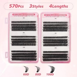Cluster Eyelash Extensions, 570pcs D Curl Thick Cluster Lashes, Natural Lash Clusters Looking 10-18MM Fluffy Russian Clusters Lashes for DIY at Home for Beginners 60D 80D 100D