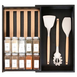 KitchenEdge Spice Drawer Organizer with Expandable Storage. Holds up to 15 Spice Jars (Not Included), Non-Slip Feet, Kitchen Accessory Storage, 100% Sustainable Bamboo Wood, Food-Safe Black Finish