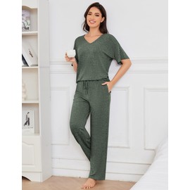 JiniGolla Ribbed Knit Pajamas Womens Short Sleeve Pjs 2 Piece Loungewear with Pockets Deep Green L