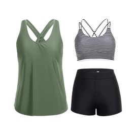 Holipick - Traje de baño tankini de 3 piezas para mujer, con control de barriga, traje de baño con brasier para niños, pantalones cortos para adolescentes, Verde Negro Rayas, S