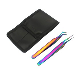OdontoMed2011 Set of 2 Stainless Steel Multi Titanium Rainbow Color 3D Eyelash Extension Tweezers Semi Angled + Pro Straight Fine Point Jewelry-Making, Laboratory Work