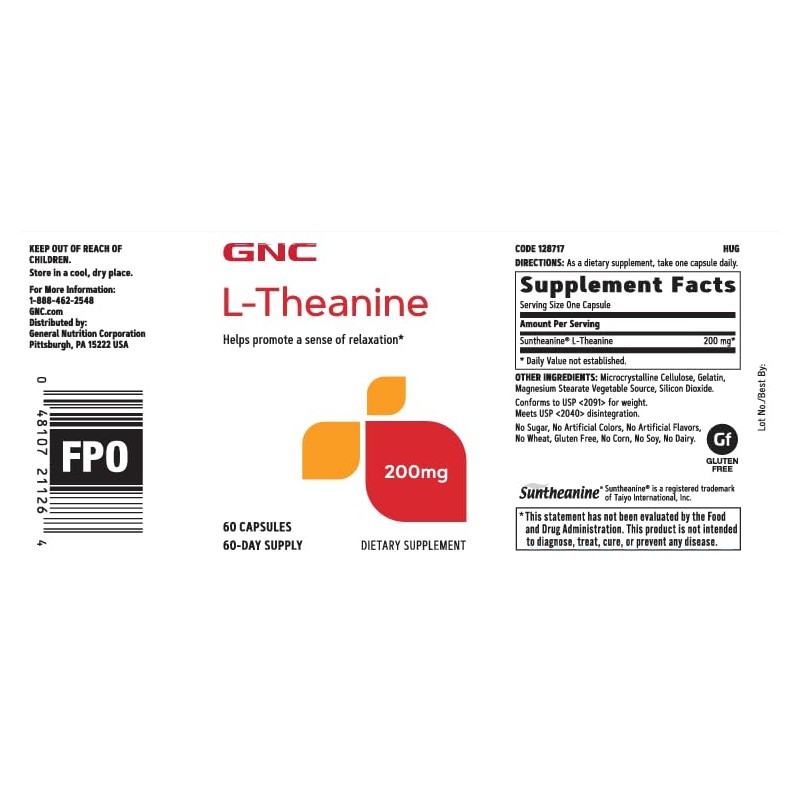 GNC L-Theanine 200mg, Promotes Relaxation, 60 Capsules