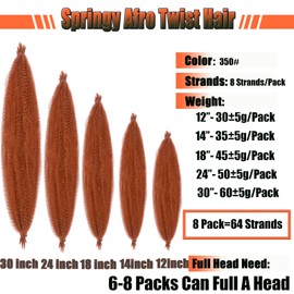 8 Packs 350 Pre Fluffed Spring Twist Hair 12 Inch Springy Afro Twist Hair Pre-Separated Marley Twist Braiding Hair Soft Synthetic Marley Crochet Hair for Faux Locs Hair Extensions for Black Women