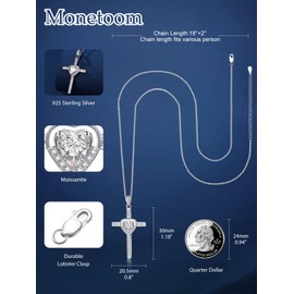 Monetoom Moissanite Cross Necklace for Women 925 Sterling Silver Cross Heart Pendant Necklaces 1CT D Color VVS1 Moissanite Necklace Anniversary Jewelry Religious Gifts for Women Wife Her Girlfriend
