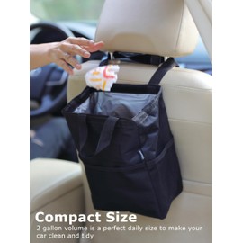 Ginsco New Leak-Proof Travel Trash Bag, Hanging Car Trash Can with Hook and Loop Lid and Handle, Multipurpose Trash Bin with Storage Pockets for Car SUV Truck RV Camping 2 Gallons, Black