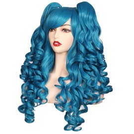 ColorGround Long Curly Cosplay Wig with 2 Ponytails (Azure Blue)…