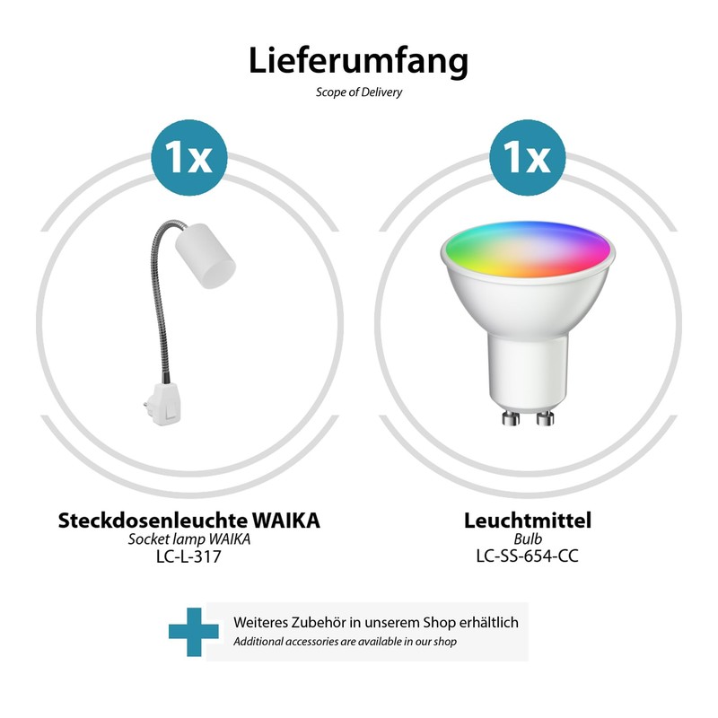 ledscom.de Waika GU10 Socket Lamp Gooseneck Switch White with Smart
