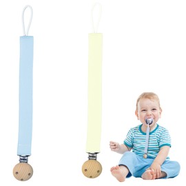 Schnullerkette 2er Pack Schnullerband aus Stoff, Extra Weich Stoffband mit Holzclip, verknotbare Längenregulierung, Baby Schnullerkette Clip für Neugeborene für Babys ab 3 Monaten(Beige und Blau)