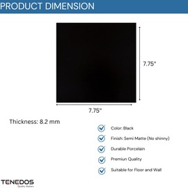 Tenedos 8x8 Black Porcelain Subway Square Tile Matte Finish for Floor Wall Kitchen Backsplash Bathroom Shower Fireplace Accent Decor Durable Single Piece