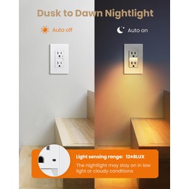 SURAIELEC 15AMP Outlet with Nightlight, Dusk to Dawn Guide Light, Electrical Receptacle with LED Night Light 3000K, Tamper Resistant Outlet, ETL Listed, Screwless Wall Plate Included, White, 5 Pack