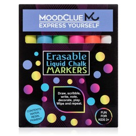 MoodClue Liquid chalk markers erasable. 6 neon dry & wet erase marker pens for windows, mirrors, whiteboards, chalkboards, glass boards, auto windshields. Reversible thick and thin tip. Washable