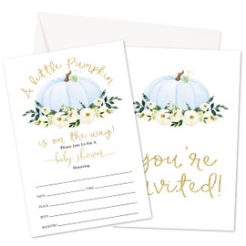 HMJKL Fall Pumpkin Baby Shower Invitations, A Little Pumpkin Is On The Way - Gender Reveal Invites With Envelopes For Boys, Thanksgiving Party Decorations Supplies, 25 Pack (01)