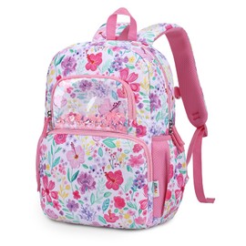 RAVUO Kids Backpack, 14.6" Toddler School Bag for Girls Ages 3-8, Lightweight Water Resistant Elementary Kindergarten Bookbag with Chest Strap, Fits A4 Folder,Pink Flower