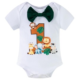 Yruiz Baby Boy Animal Forest Theme 1st Birthday Outfit Romper Shorts Set Bow Tie Suspenders Set（12-18 Months）