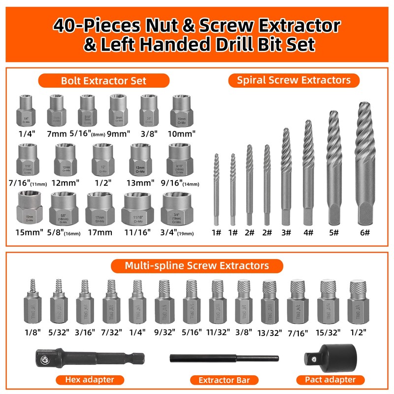 UYECOVE 40 Pcs Screw Extractor Set, 2-in-1 Hex Head Multi-Spline