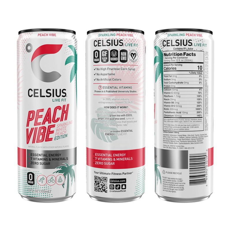 CELSIUS CELSIUS Sparkling Peach Vibe, Functional Essential Energy Drink 12