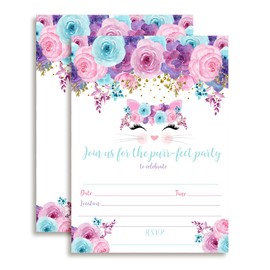 Kitty Cat Face with Pink Blue and Purple Watercolor Flowers Birthday Party Invitations for Girls Ten 5"x7" Fill In Cards with 10 White Envelopes by AmandaCreation