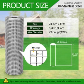 GMOTLSE Hardware Cloth 1/4 inch 23 Gauge Large Size 304 Stainless Steel mesh Chicken Wire Welded Fencing Wire Mesh Roll Garden Fence 24in×49ft