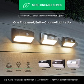 Home Zone Mesh Linkable Series 4-Pack Solar SMD LED Security Wall Pack Light, 800LM, Auto-Linking, 120°x26 ft Motion Detection, 3000L Warm White, 800 Lumens, Customizable 4-Channel Settings, Black