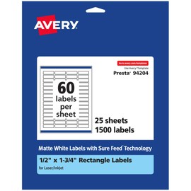 Avery Matte White Rectangle Labels, Sure Feed Technology, 0.5" x 1.75", 1,500 Matte White Printable Labels