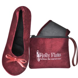 Women's Portable Foldable Ballet Flats Shoes Roll Up Slippers for Travel (L, Burgundy Velvet)