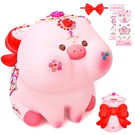 Piggy Bank for Kids, Unbreakable Resin Coin Bank with DIY Diamond Stickers & Cute Bow Saving Money Box for Kids Great Gifts for Christmas Birthday