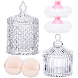 Teenyyou 6 Pcs Large Body Powder Puff and Container Crystal Glass Container and Soft Puff Washable Reusable Cotton Face Body Powder for Women Loose Dusting Wet Dry Makeup Supplies