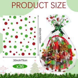 Frienda 72 Pcs Christmas Cellophane Bags Extra Large Clear Gift Basket Wrap Bags Jumbo Plastic Gift Wrapping Bags with Green Bows Ribbon for Christmas, Gifts, Baskets (30 x 40 Inch)