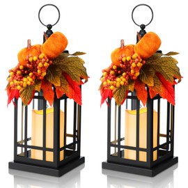 Tuanse 2 Pcs Fall Decorations for Home Rustic Metal Decorative Lantern 14 Inch Thanksgiving Flameless Candle Holder Table Centerpieces with LED Lights for Autumn Harvest Patio Porch(Farmhouse)