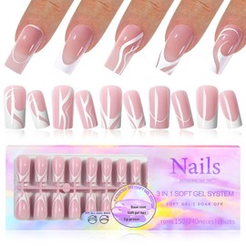 EternalClassic White French Tip Press on Nails Long Fake Nails Square, Pink False Nails 150Pcs Acrylic Nails Press ons, 5 Styles Swirl French Soft Gel Nails Tips