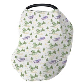 Fantasy Dragons Purple and Green Baby Car Seat Covers Fairytale Dragon Stars Trees Moon Clouds Stretchy 5-in-1 Cover Adjustable Infant Carseat Cover Canopy Cute Animal Breathable Nursing Cover-Up