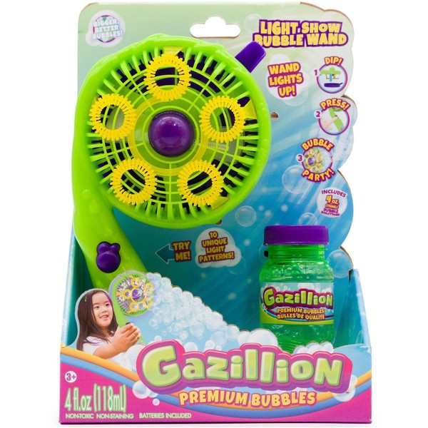Gazillion Premium Light Show Bubble Wand I Blows multiple bubbles with 10 LIGHT UP EFFECTS I Perfect for outdoor parties day or night I Includes non toxic 4oz bubble solution I For Kids aged 3+