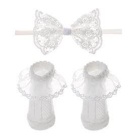 Baby Lace Bow Headband and Sock Set, Toddler Infant Cotton Socks Baptism Headband White Christening Headbands TSFD57 (White, Free Size)