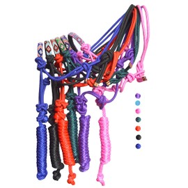 Nylon Horse Braided Rope Halter Beaded Noseband Lead Rope (Turquoise A)