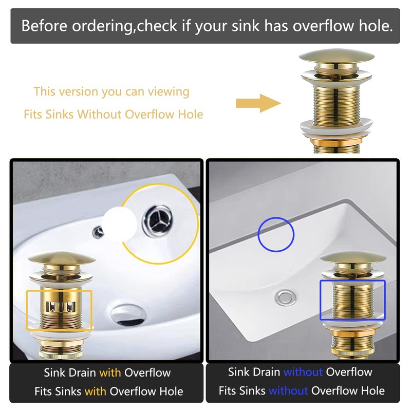 SWHYGER Bathroom Sink Drain Without Overflow Polished Gold,Bath Faucet Vessel