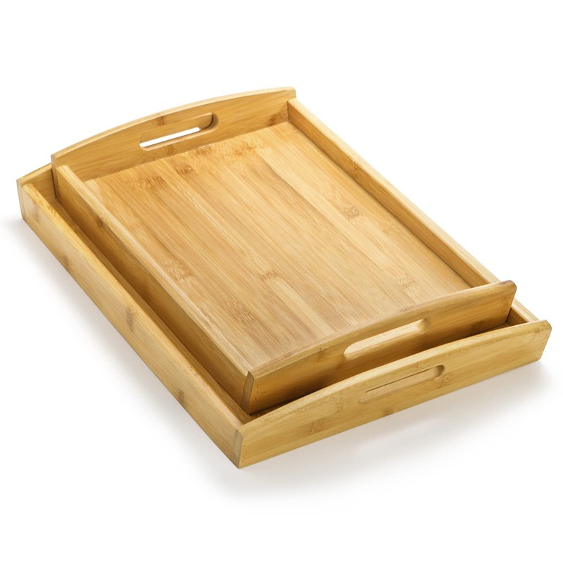 Peohud 4 Pack Bamboo Serving Trays with Handles, Rectangular Kitchen
