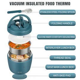 wiwens Thermo Food Jar for Hot Food Adults 32OZ Soup Thermo Lunch Containers Wide Mouth Vacuum Insulated Stainless Steel Leakproof Bento Box with Spoon (lake blue)