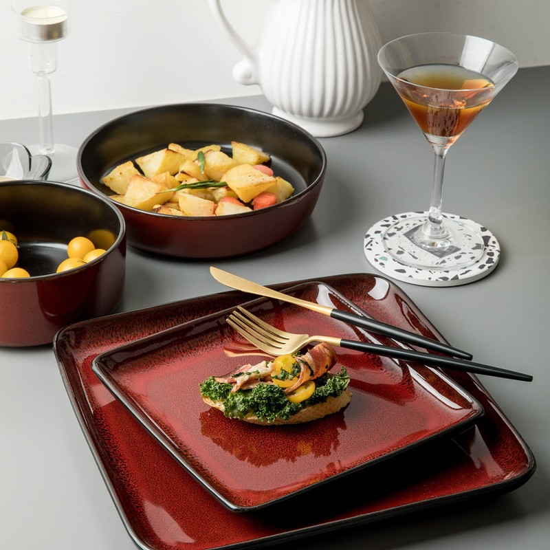 Arora FLACKAR Square Stoneware 16pc Double Bowl Dinnerware Set for