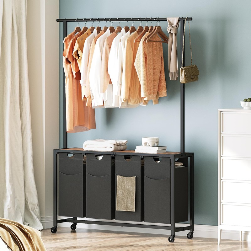 YATINEY Laundry Sorter 4 Section, Rolling Laundry Hamper with Hanging