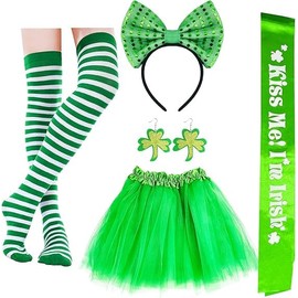 6 Pcs St Patricks Day Costume Accessories Set,Green Tutu for Women Green Headband Shamrock Socks Earrings for St Patricks Day