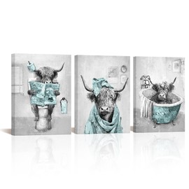 sechars Teal and Grey Bathroom Decor Funny Highland Cow Wall Art Cattle Paintings Apartment Bathroom Hotel Decorations (Teal)