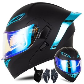 Full-Face Motorcycle Helmet Folding Helmets with Double Visor, Gloves and Face Protection, Men Women Modular Helmet, Motorcycle Moped Scooter Cruiser Chopper Helmet, 55-64 cm