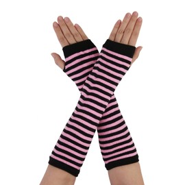 sourcing map Women Winter Stripes Fingerless Thumbhole Elastic Long Knitted Gloves Black With Pink One Size