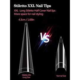 500PCS XXL Stiletto Nail Tips, Stiletto Half Cover Nail Tips for Acrylic Nails, Clear Long False Nails Tips Tapered Coffin Acrylic Fakes Nails Stiletto for Nail Extension Nail Art 10 Sizes