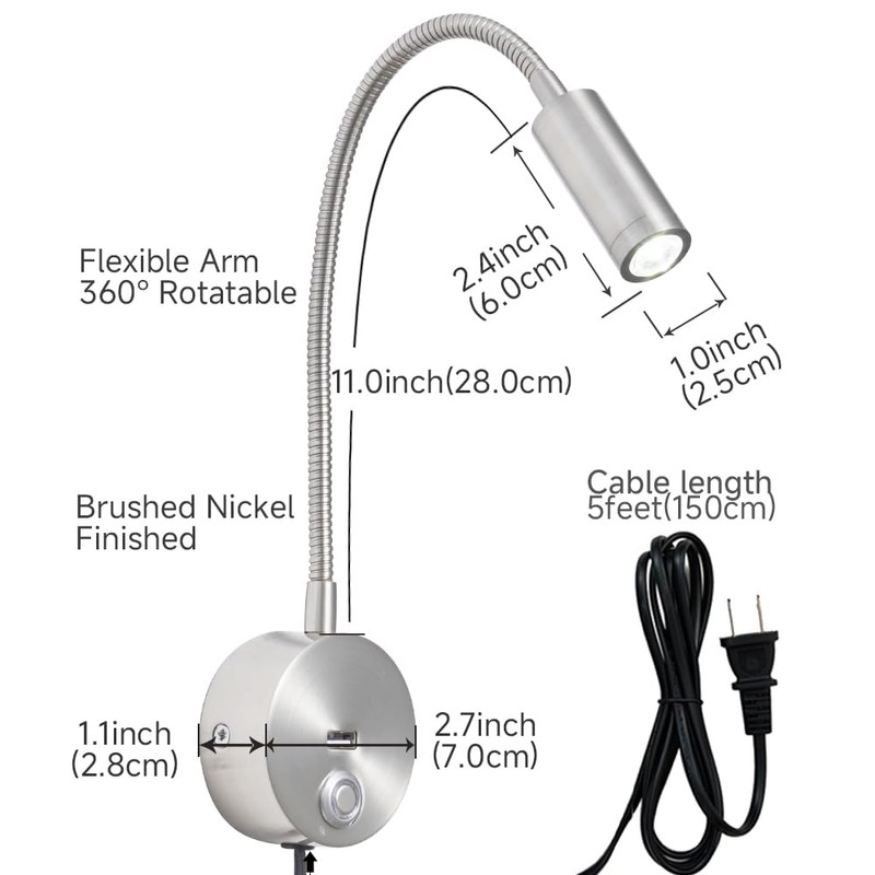 Dimmable Wall Mounted Reading Light with USB Charging Port, Plug-in