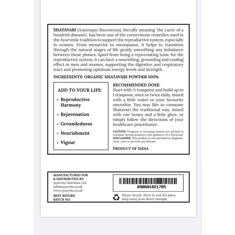 Organic Shatavari Powder 100g by Ayurvita Nutrition