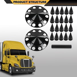 CNNELL 33mm ABS Axle Cover Black Complete Pointed Combo Kit Spike Screw-on Lug Nut Covers for Semi Truck with 2 Front Axle Wheel Covers and Removable Hub Caps