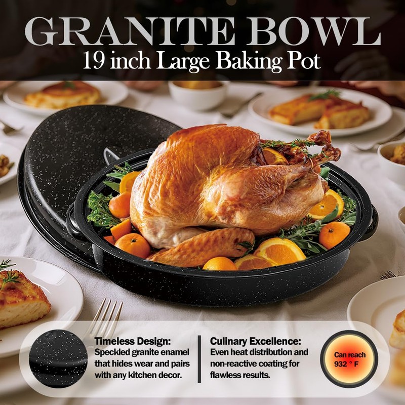 Enamel Roaster Pan With Lid and Rack Set 13"19"Granite Roasting