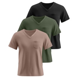 Huukeay 3 Pack Men's Waffle Shirts V Neck Tee with Pocket Short Sleeve Textured Knitted Summer Casual Basic Tops(Black, Army Green, Coffee,Large)