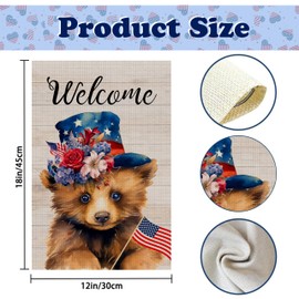 Welcome 4th of July Bear Patriotic Garden Flag, America USA Stars Dark Blue Yard Lawn Outside Decor, Memorial Day Independence Day Outdoor Home Decoration Double Sided 12 x 18 inch